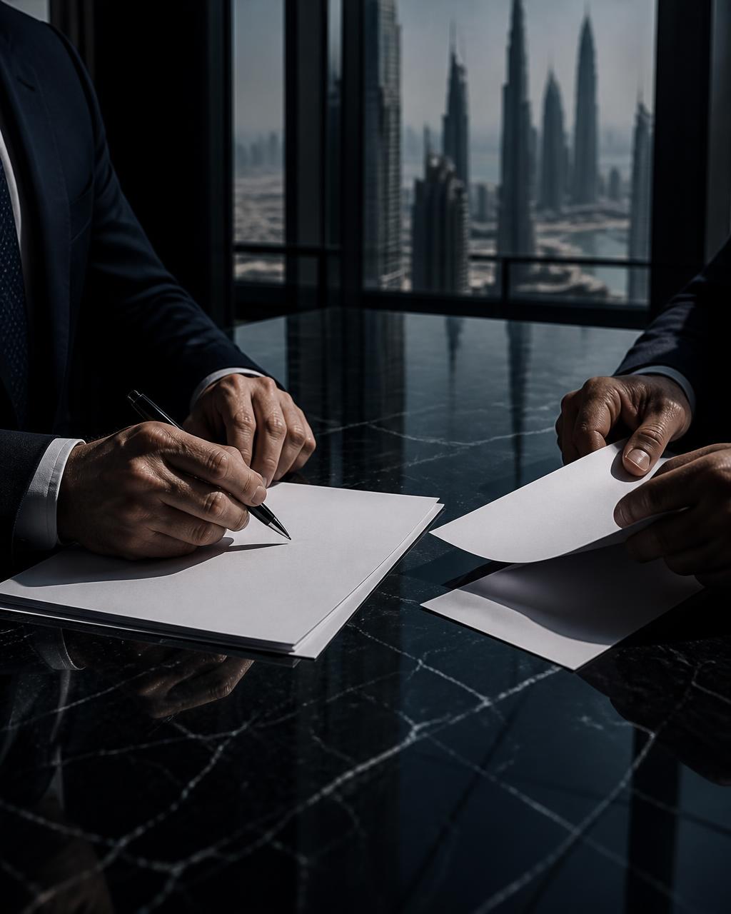 Advisors reviewing corporate documents in a Dubai office